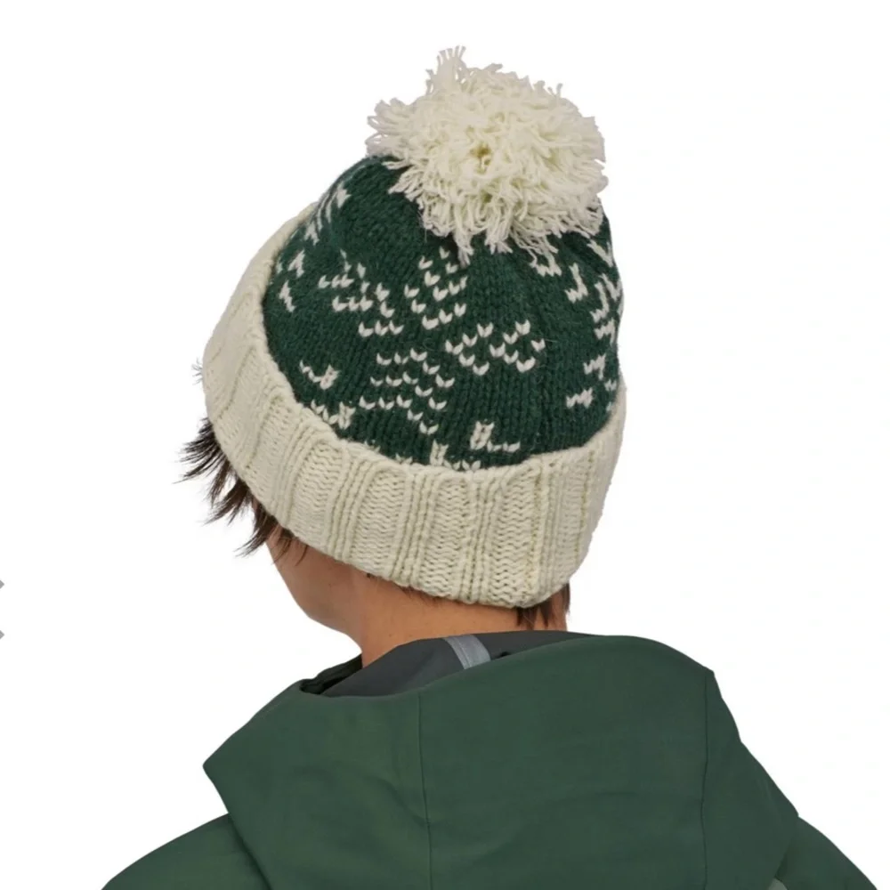 Brand New Patagonia Women's Snowbelle Beanie Wool Pom Hat Evergreen Flakes Green - Picture 16 of 16